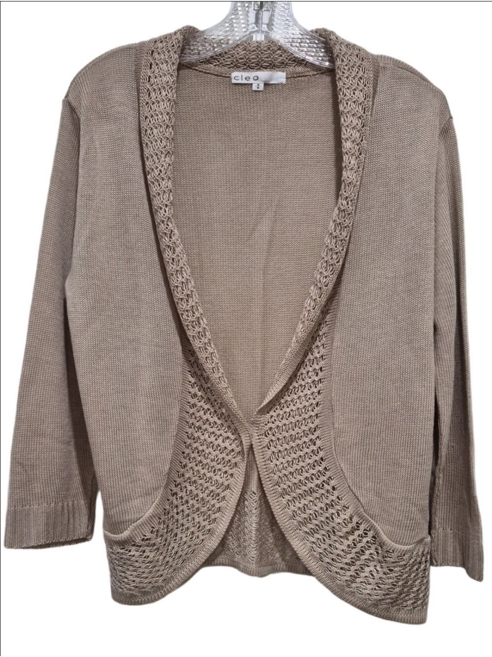 Cleo Tan Open Front Cardigan with Crochet Trim Size M